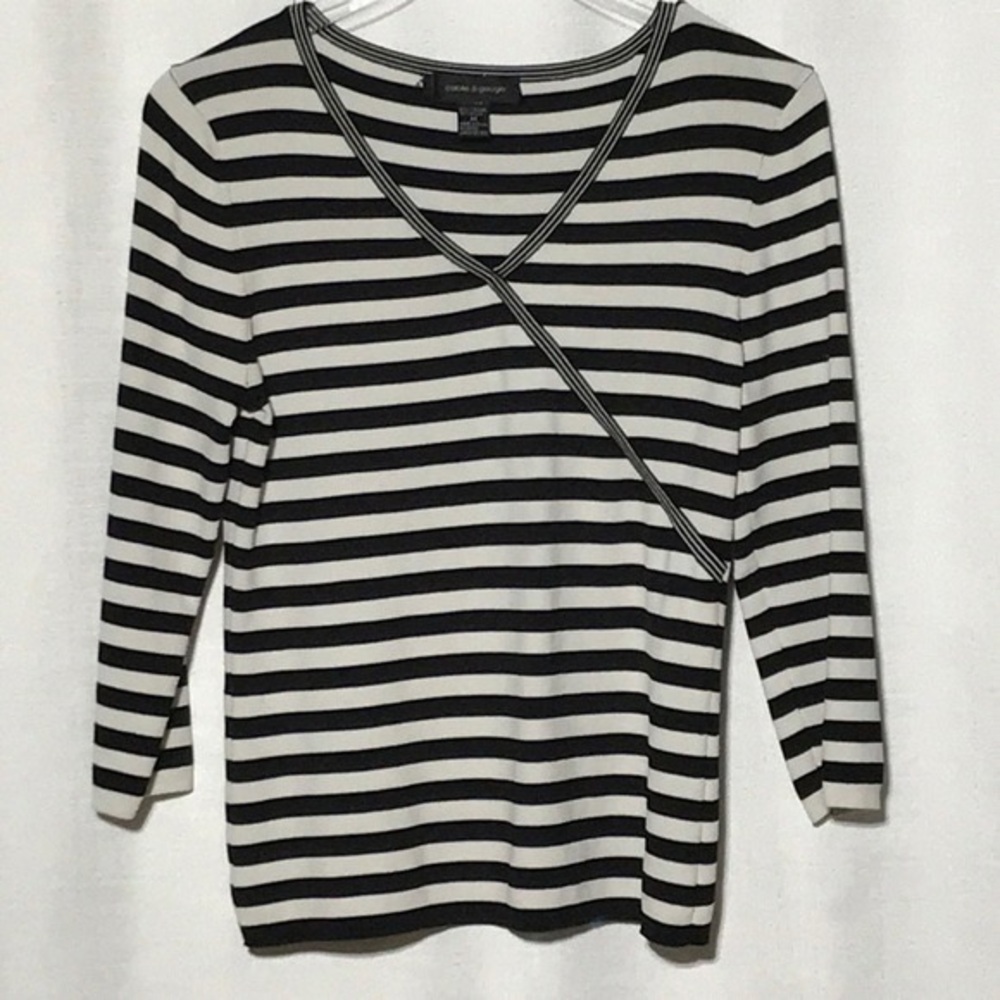 Cable & Gauge Black and White Striped Wrap-Front Long Sleeve Top